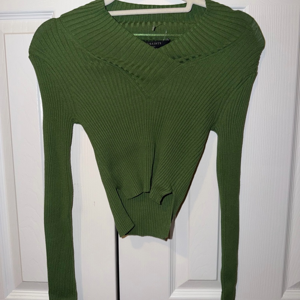 All Saints Olive V-Neck Ribbed Sweater